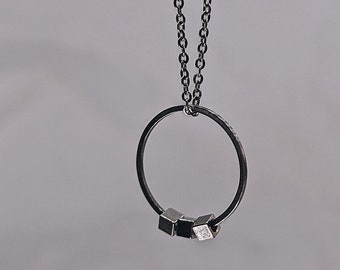 Spinner Fidget Necklace: Cube & Circle Pendant Silver Stainless Steel - 20mm Circle