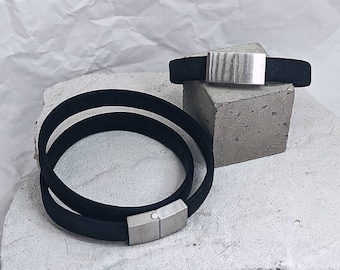 Mens Black Faux Leather Wrap Bracelet: Stainless Steel Clasp, Vegan Unisex Jewelry