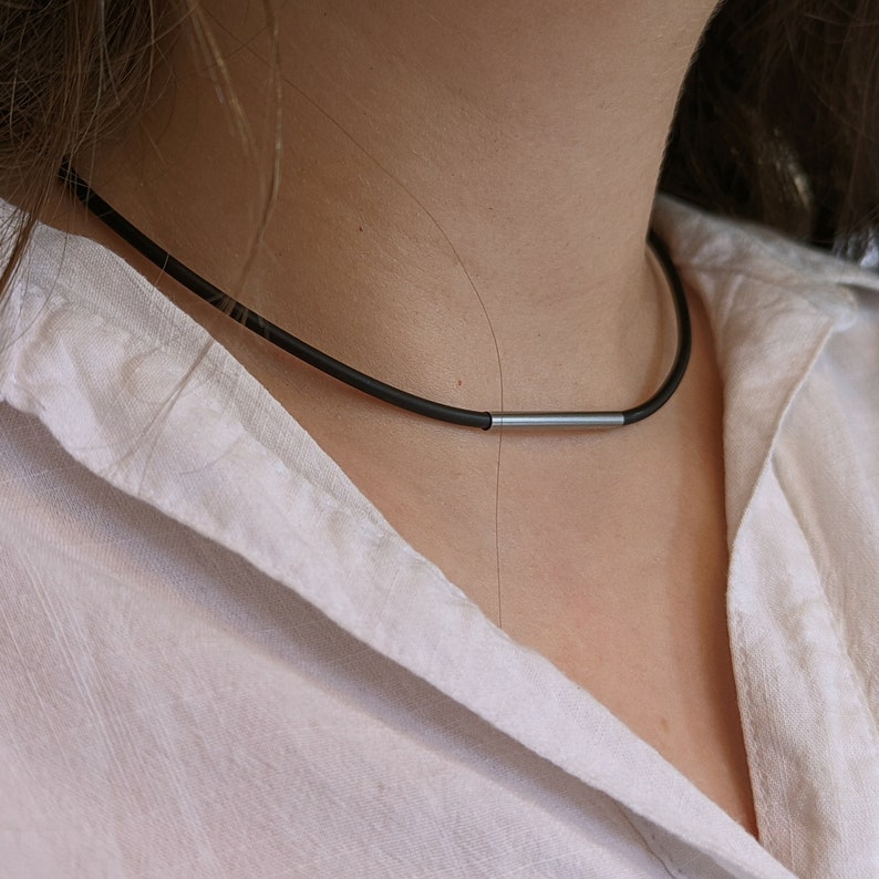 Minimal Steel Bar, Black Vegan Rubber, Faux Leather, Choker Necklace, Day Collar, Customisable Length Adjustable Necklace, Vegan Band Choker 