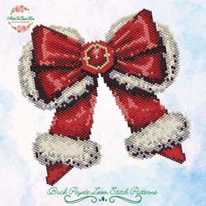 May include: A red and white beaded Christmas bow with a gold button in the center. Brick Peyote Loom Stitch Patterns.