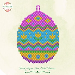 May include: A colourful beaded Easter egg ornament with a pink, blue, green and yellow pattern. The egg has a loop at the top for hanging.