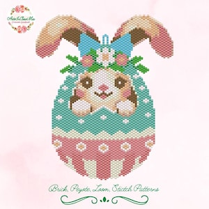 May include: A beaded Easter bunny ornament with a blue bow and a floral crown. The bunny is peeking out of a teal and pink egg with white polka dots.