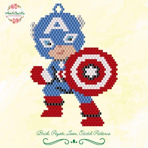 May include: A beaded Captain America figure in blue, red, white, and tan. The figure holds a red, white, and blue shield. The figure is made using brick, peyote, loom, and stitch patterns. The image has the text "Arte In Casa Mia" and "Creazioni handmade".