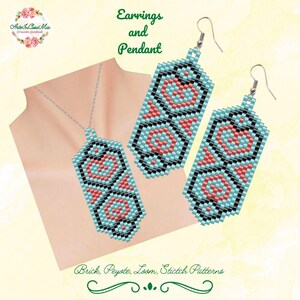 May include: A beaded jewelry set featuring a pendant necklace and matching earrings. The rectangular pendants and earrings have a geometric design in light blue, black, and coral. The text "Earrings and Pendant" is visible.