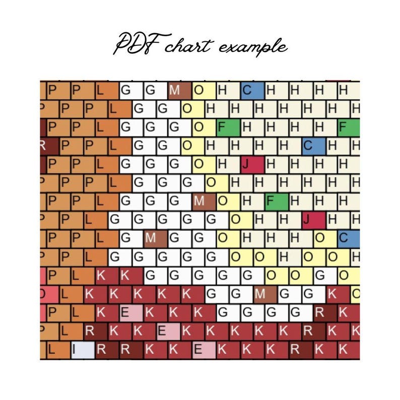 May include: A color chart for a cross-stitch or needlepoint project. The chart is organized in rows and columns, with each square representing a stitch. The chart uses a variety of colors, including red, green, blue, yellow, and orange. The chart includes letters and numbers to help with the stitching process.
