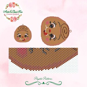 May include: A peyote stitch beading pattern for a cute cartoon character with brown hair, brown eyes, and a red mouth. The pattern includes the face, hair, and a skirt. The pattern is labeled "Peyote Pattern".