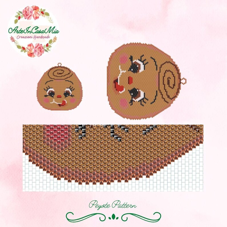 May include: A peyote stitch beading pattern for a cute cartoon character with brown hair, brown eyes, and a red mouth. The pattern includes the face, hair, and a skirt. The pattern is labeled "Peyote Pattern".