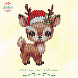 May include: A beaded Christmas deer wearing a red Santa hat with white trim and holly. The deer is brown, tan, and white with dark eyes and a red bow tie. The image includes the text "Brick, Peyote, Loom, Stitch Patterns".