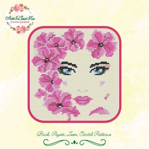 May include: A pink and white pixel art design of a woman's face with flowers around her head. The design is suitable for brick stitch, peyote stitch, loom stitch, and other beading techniques.