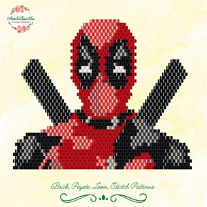 Könnte beinhalten: Ein Perlenmuster von Deadpool in Rot und Schwarz. Die Maske und das Kostüm der Figur sind mit kleinen Perlen detailliert. Zwei schwarze Katana-Schwerter befinden sich hinter der Figur. Der Text "Brick, Peyote, Loom, Stitch Patterns" steht unten.