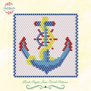 May include: A square, pixelated design featuring a blue anchor with yellow and red accents, and a yellow ship's wheel. The design is framed by a dark blue border. The text "Brick, Peyote, Loom, Stitch Patterns" is at the bottom.