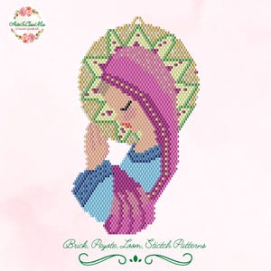 May include: A beaded pattern of a praying figure with a pink head covering and blue clothing, surrounded by a gold halo. The image includes the text "Brick, Peyote, Loom, Stitch Patterns". The figure is set against a light pink background.