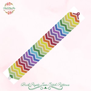May include: A colourful brick peyote loom stitch pattern design. The pattern features a vibrant chevron design in a rainbow of colours, including red, orange, yellow, green, blue, and purple. The text "Brick Peyote Loom Stitch Patterns" is at the bottom.