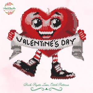 Könnte beinhalten: Eine rote herzförmige Figur mit einem lächelnden Gesicht und großen Augen hält ein Banner mit der Aufschrift "VALENTINE'S DAY". Die Figur trägt rot-weiß gestreifte Leggings und schwarze Schuhe.