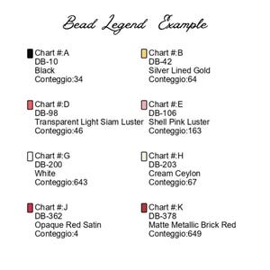 May include: Chart of bead colors and descriptions with the text "Bead Legend Example". The chart shows 10 different bead colors with their corresponding names, numbers, and Conteggio numbers.