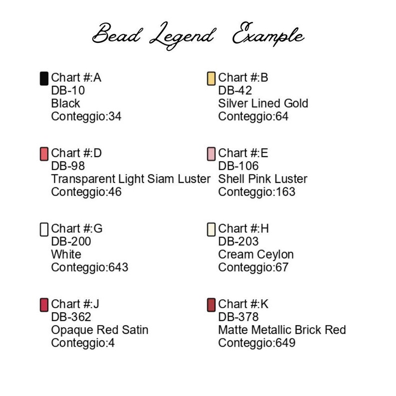 May include: Chart of bead colors and descriptions with the text "Bead Legend Example". The chart shows 10 different bead colors with their corresponding names, numbers, and Conteggio numbers.