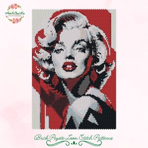 Peut inclure: Un portrait pixelisé d'une femme aux lèvres et cheveux rouges, sur fond rouge. L'image est un motif de point de tissage en brique peyote. Le texte "Brick Peyote Loom Stitch Patterns" est en bas.
