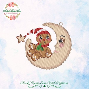 May include: A whimsical gingerbread man wearing a red and white striped hat and green scarf, sitting on a crescent moon. The moon has a smiling face and a star is attached to the hat. The image is a brick peyote loom stitch pattern.