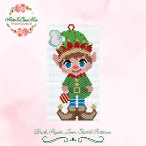 May include: A pixelated pattern of a Christmas elf wearing a green hat with red trim, a green shirt, and brown shoes. The elf is holding a candy cane. The pattern is for brick, peyote, loom, and stitch.