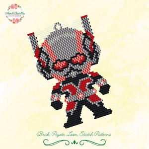 May include: A pixel art bead pattern of Ant-Man, a superhero from the Marvel Cinematic Universe. The pattern is in red, black, and gray colors. The pattern is for brick, peyote, loom, and stitch.