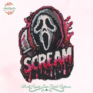 May include: A beaded Scream mask design with the word "SCREAM" in white, dripping with red. The design is framed in black and red, with a white mask in the centre. The text "Brick Peyote Loom Stitch Patterns" is at the bottom.