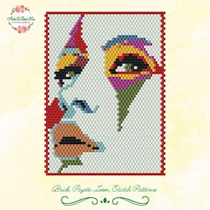 Può includere: Un ritratto colorato di un volto con tratti astratti realizzato con perline. Il design utilizza una varietà di colori tra cui rosso, blu, giallo, verde e viola. Il testo in basso recita "Brick, Peyote, Loom, Stitch Patterns".