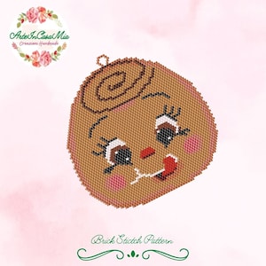 May include: A brown and pink beaded ornament with a smiling face, big eyes, and a swirl on top. The ornament is labeled "Brick Stitch Pattern".