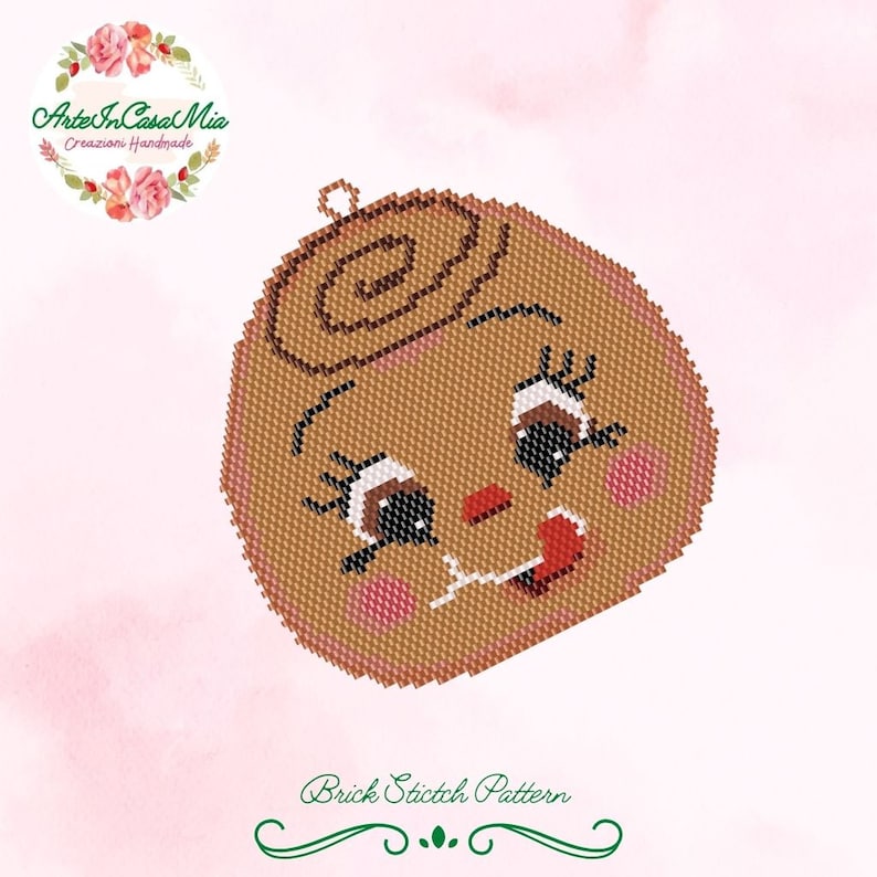 May include: A brown and pink beaded ornament with a smiling face, big eyes, and a swirl on top. The ornament is labeled "Brick Stitch Pattern".