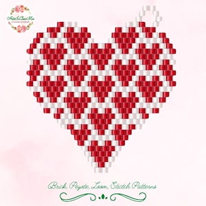 May include: A red and white heart-shaped bead pattern for loom, peyote, or brick stitch.