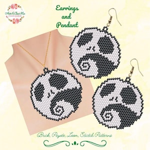 May include: A pendant necklace and a pair of earrings with a black and white circular design. The jewellery is made with a brick, peyote, loom, and stitch pattern. The image also includes the text "Earrings and Pendant."