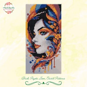 Può includere: Un ritratto perlato di una donna con capelli neri e occhi blu, realizzato con un motivo a punto mattone. L'opera d'arte presenta una tavolozza di colori arancione, blu e bianco. Il testo in basso recita "Brick, Peyote, Loom, Stitch Patterns."