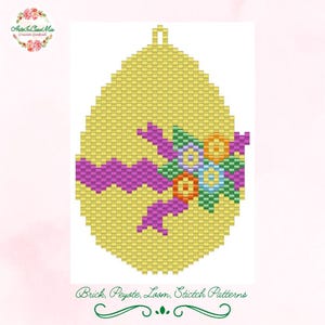 May include: A yellow beaded egg with a purple ribbon and green, orange, and blue flowers. Brick, Peyote, Loom, Stitch Patterns.