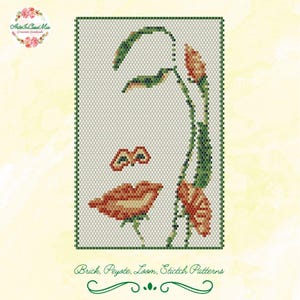 May include: A beaded artwork featuring a stylized face composed of floral elements. The design includes lips, eyes, and a curved stem with leaves and flowers in shades of red, green, and brown. The text "Brick, Peyote, Loom, Stitch Patterns" is at the bottom.