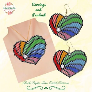 Puede incluir: Un collar con colgante en forma de corazón y pendientes a juego. La joyería presenta un diseño de cuentas de colores con secciones rojas, naranjas, amarillas, verdes, azules y rosas. Los pendientes tienen ganchos dorados. El texto "Earrings and Pendant" es visible.