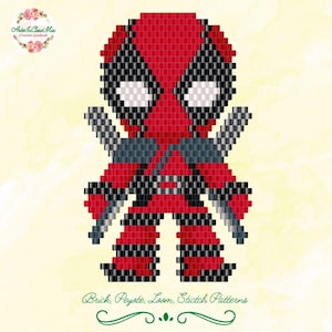 Può includere: Immagine pixelata di Deadpool in rosso, nero e bianco, con due spade grigie. Il motivo è un modello di perline. Il testo in basso recita "Brick, Peyote, Loom, Stitch Patterns".