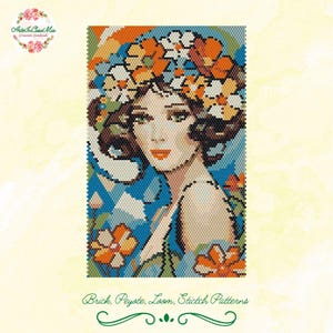 Può includere: Ritratto perlato di una donna con una corona floreale, con fiori arancioni, bianchi e gialli. La donna ha gli occhi verdi e le labbra rosse. L'immagine è rettangolare con il testo "Brick, Peyote, Loom, Stitch Patterns".