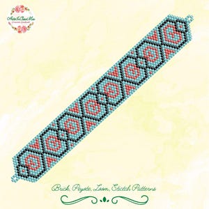 May include: A beaded bracelet pattern in a geometric design. The pattern features turquoise, coral, and black beads. The text "Brick, Peyote, Loom, Stitch Patterns" is at the bottom of the image.