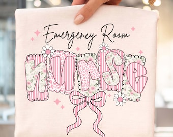 Diseño de sublimación PNG de enfermera de urgencias con lazo coqueto y diseño floral para sala de urgencias
