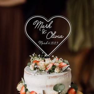 Personalized Acrylic Heart Wedding Cake Topper: Engraved Modern Design