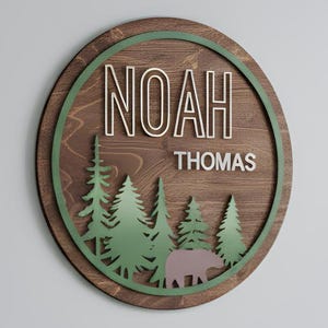 Personalized Wood Nursery Name Sign: Forest Bear Decor