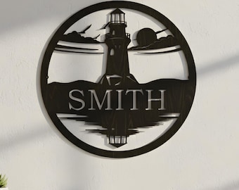 Personalized Lighthouse Wood Sign: Lake House Last Name Wall Art