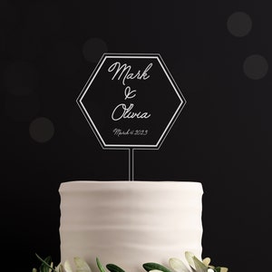 Personalized Acrylic Hexagon Wedding Cake Topper: Engraved Modern Design