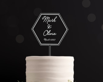 Personalized Clear Engraved Acrylic Hexagon Wedding Cake Topper | Personalized Wedding Cake Topper | Modern Wedding Cake | Engraved Wedding