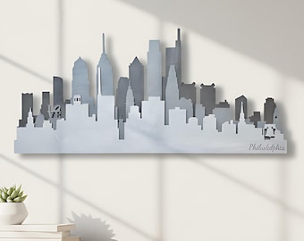 Arte mural con el horizonte de Filadelfia en madera en capas: decoración artesanal de Filadelfia