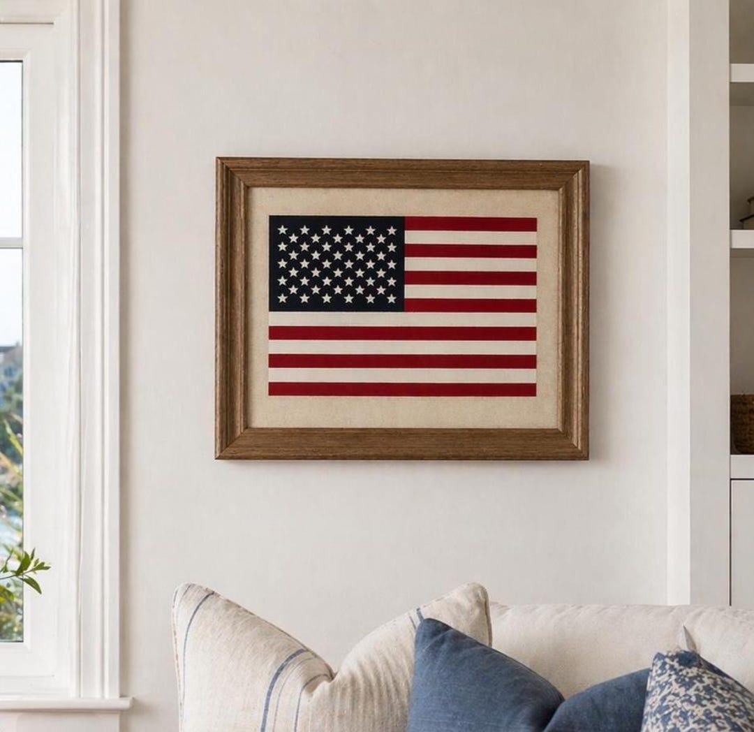 Framed American Flag: Vintage Linen-Backed Cotton Decor