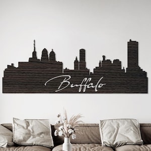 Handcrafted Buffalo Skyline Wood Wall Art: Laser Cut Maple