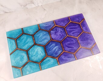 Hexagon Blue & Purple Epoxy Resin and Walnut Charcuterie Board | Christmas Gift | Cheese Board | Housewarming Gift | Wedding Gift | Ombre