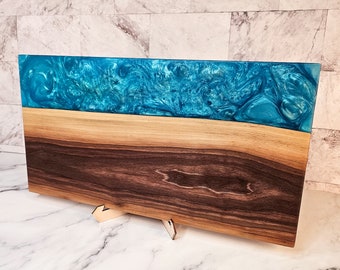 Blue Epoxy Resin and Walnut Charcuterie Board | Christmas Gift | Blue Epoxy | Serving Board | Engraved Wedding Gift | Gift for Foodie