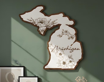 Michigan Apple Blossom Wood Wall Art: Engraved Wildflower State Map