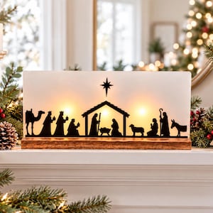 Illuminated Wood Nativity Scene: LED Candle Christmas Decor